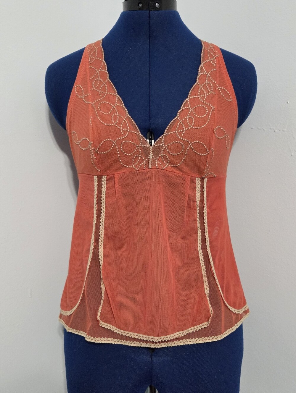 Y2K Orange Micro Mesh Embroidered Tank Top Size S